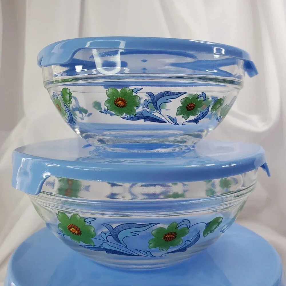 Vintage Imperial Glass Blue Green Flower Nesting Bowls Storage 1970's Set of 4 - Picture 4 of 14
